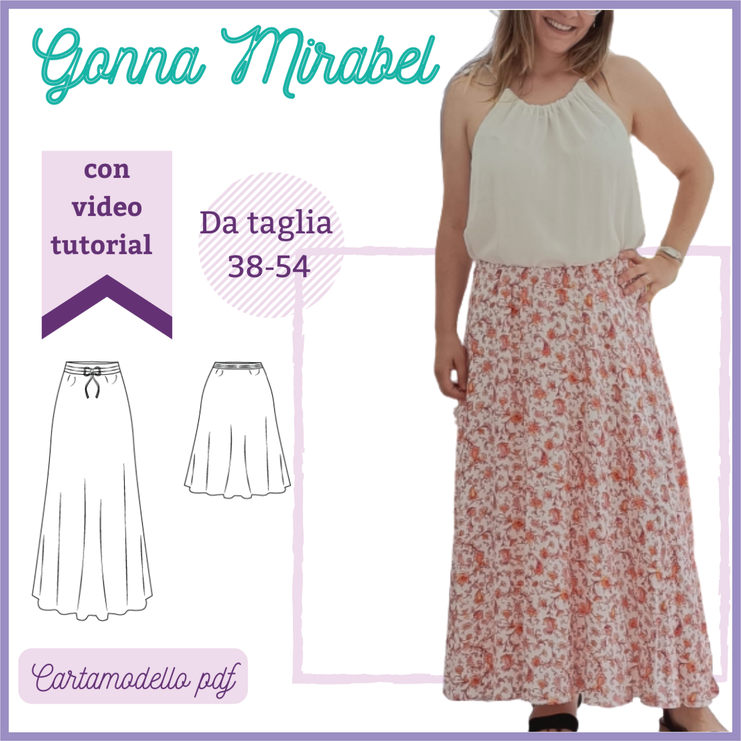 Gonna a mezza ruota CARTAMODELLO MIRABEL donna da taglia 38 a 54 con video tutorial