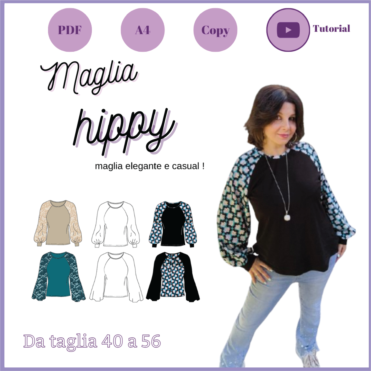 Maglia Hippy CARTAMODELLO da taglia 40 a 56
