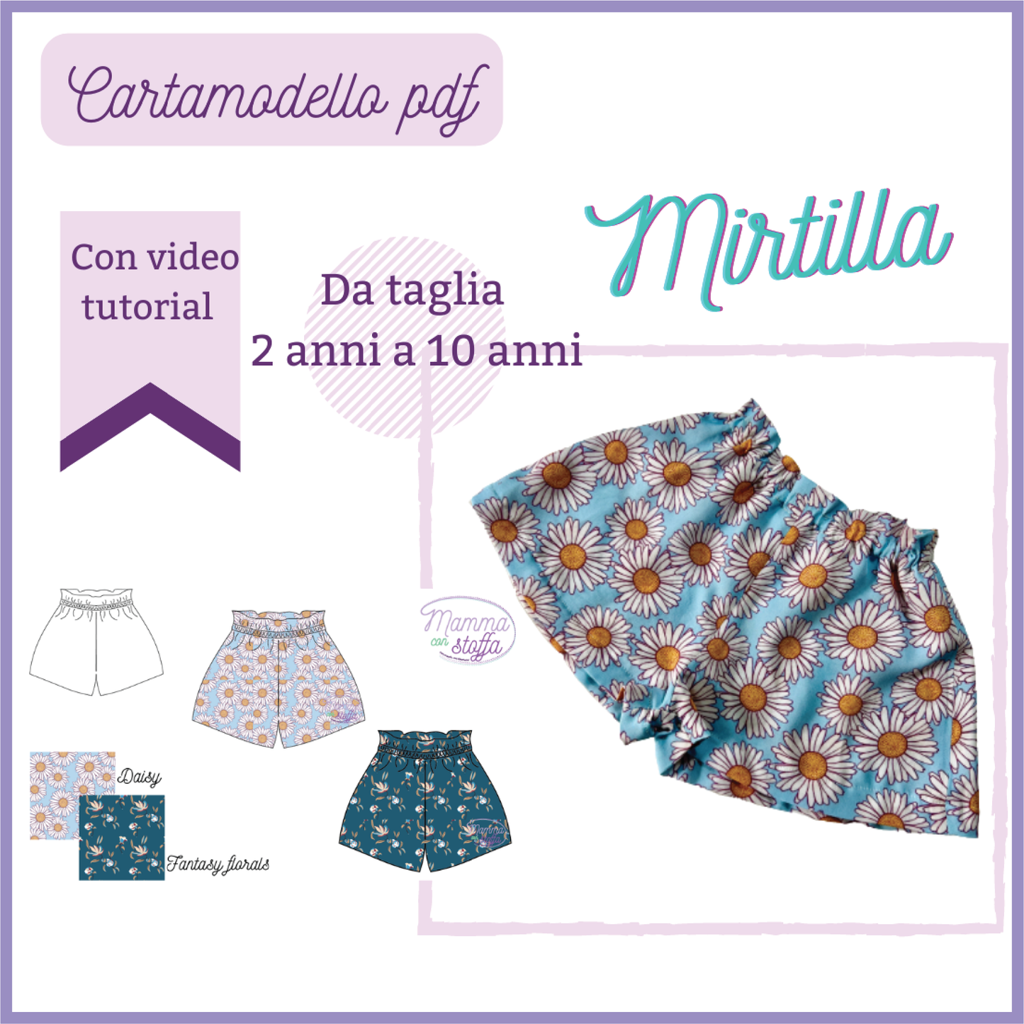 Gonna pantalone CARTAMODELLO bambina Mirtilla, da taglia 2 a 10 anni