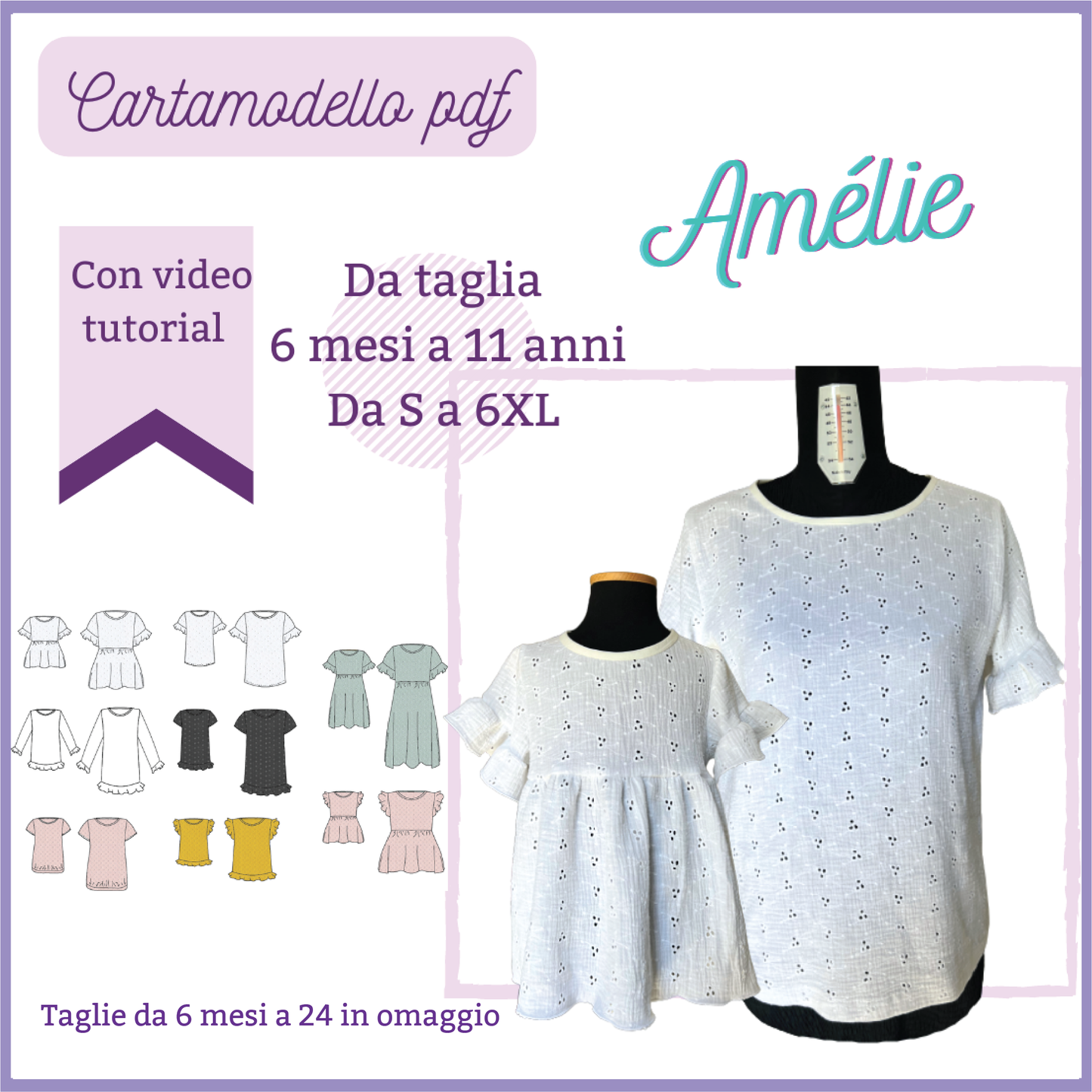 Blusa vestito CARTAMODELLO donna e bambina da taglia S a 6xl - 6 mesi a 11 anni Amélie