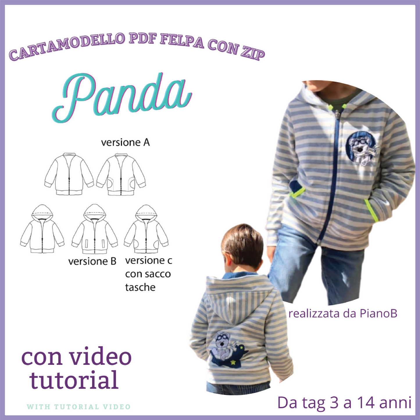 Felpa zip CARTAMODELLO PDF bambino da tg 3 a 14 anni con video tutorial