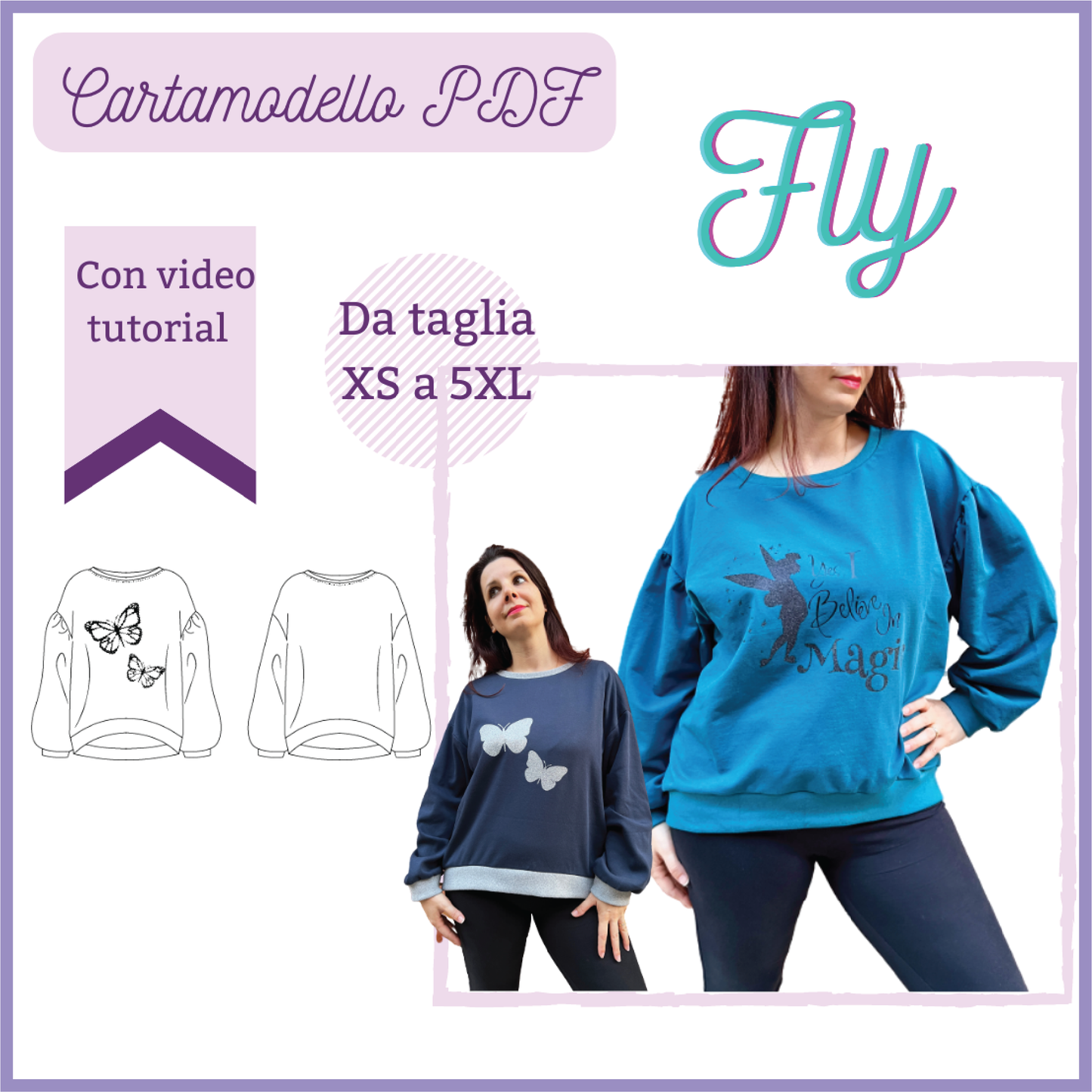 Felpa morbida donna Fly, cartamodello pdf da taglia XS A 5XL!