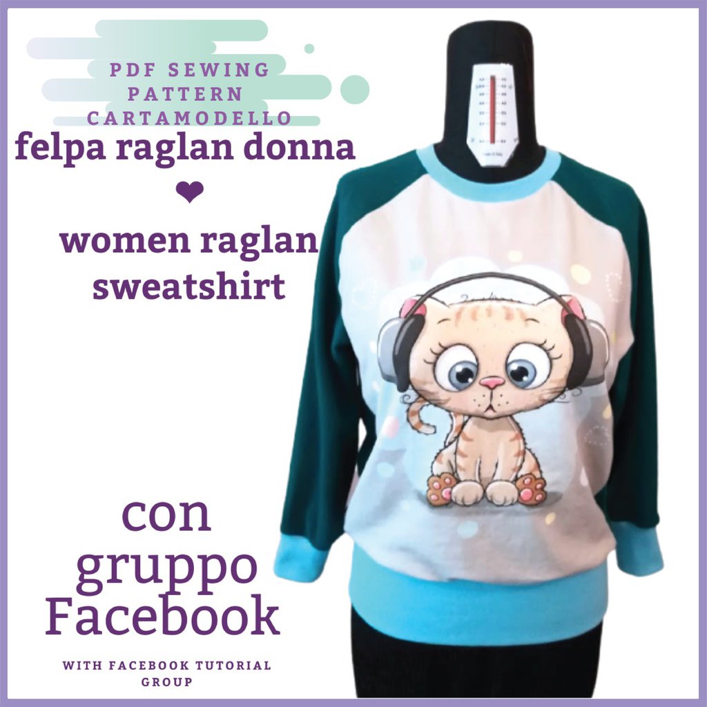 Felpa raglan CARTAMODELLO PDF donna da taglia s a 4xl con VIDEO tutorial