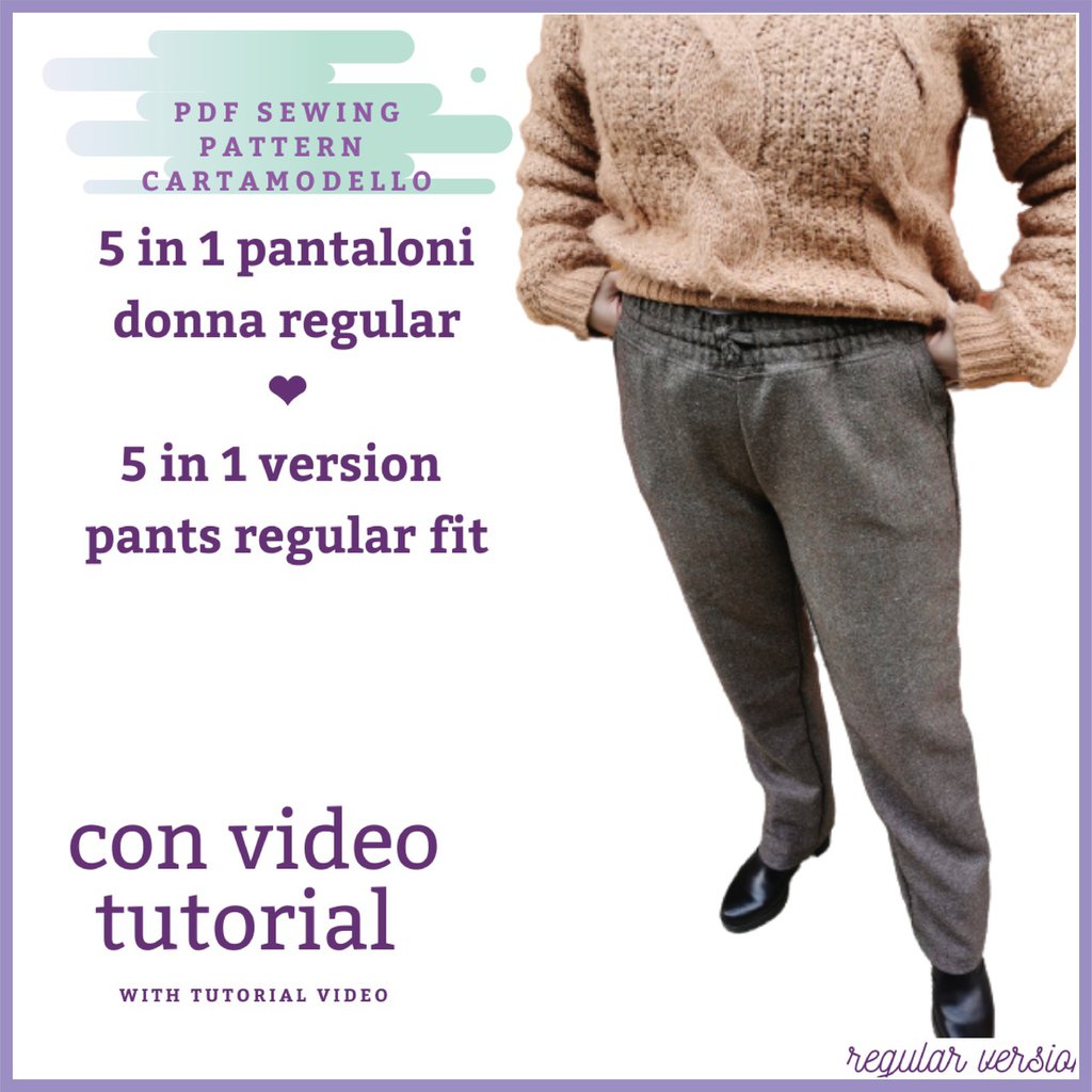 pantaloni CARTAMODELLO PDF donna vestibilità morbida da taglia s a 6xl ( circa 58 ) con video tutorial