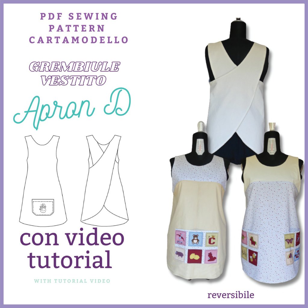 Grembiule maestra CARTAMODELLO PDF da taglia S a 3XL Apron D con video tutorial