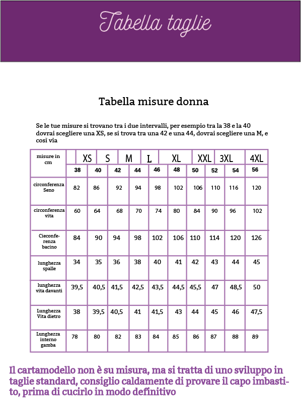 leggins donna CARTAMODELLO PDF da tg XS a 4Xl