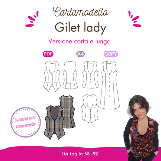 Gilet donna CARTAMODELLO Lady e VIDEO tutorial  da taglia 38 a 52