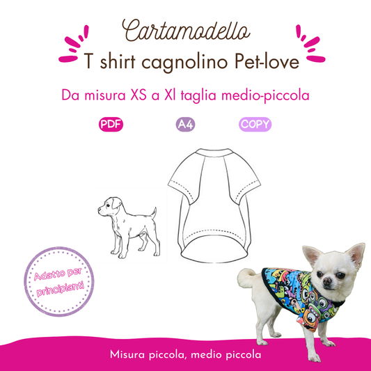 T shirt cagnolino CARTAMODELLO Pet-love  taglia piccola-media S a XL