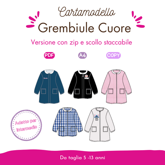 Grembiule Scuola primaria CARTAMODELLO da taglia 5 anni a 13 anni, UNISEX