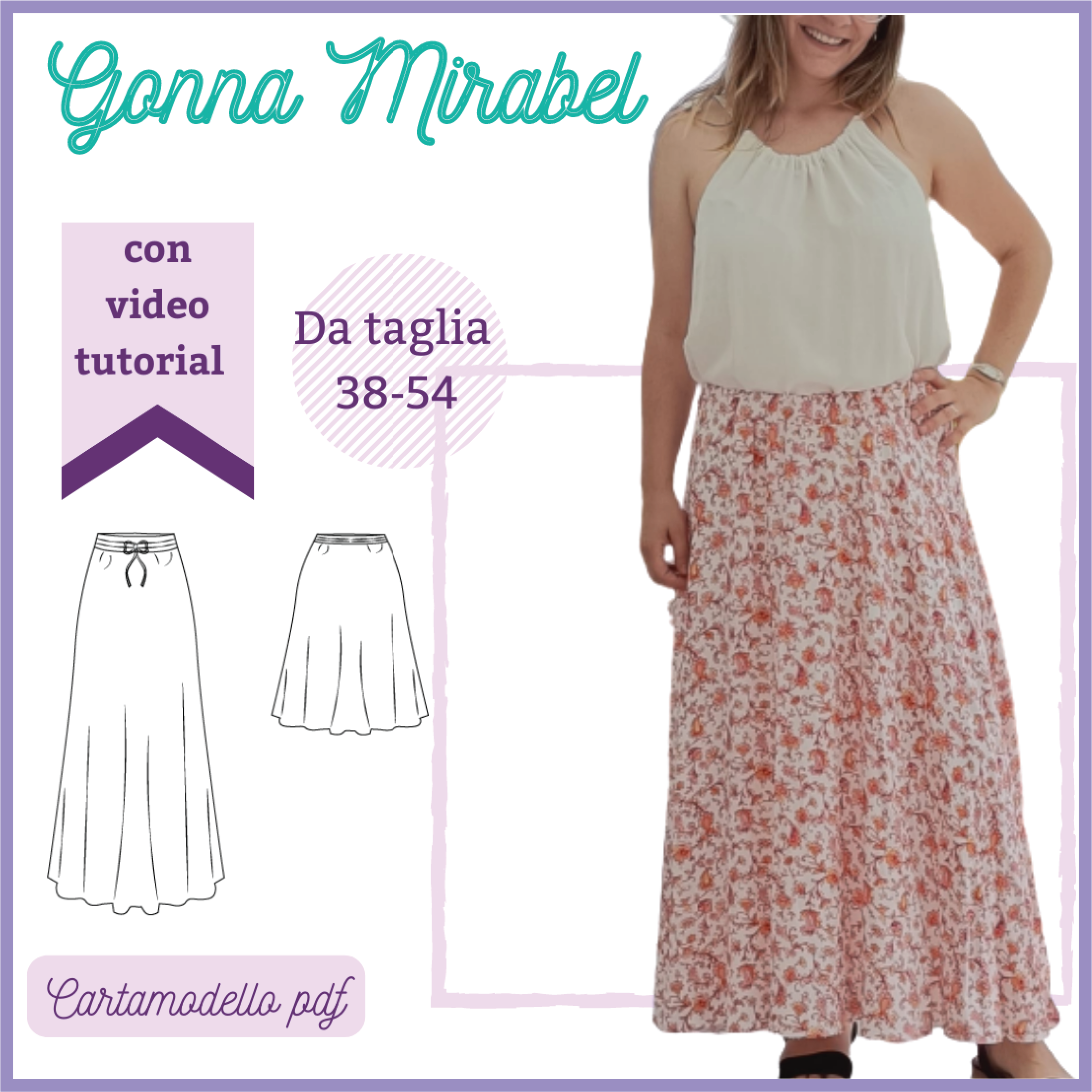 Gonna a mezza ruota CARTAMODELLO MIRABEL donna da taglia 38 a 54 con v mammaconstoffashop