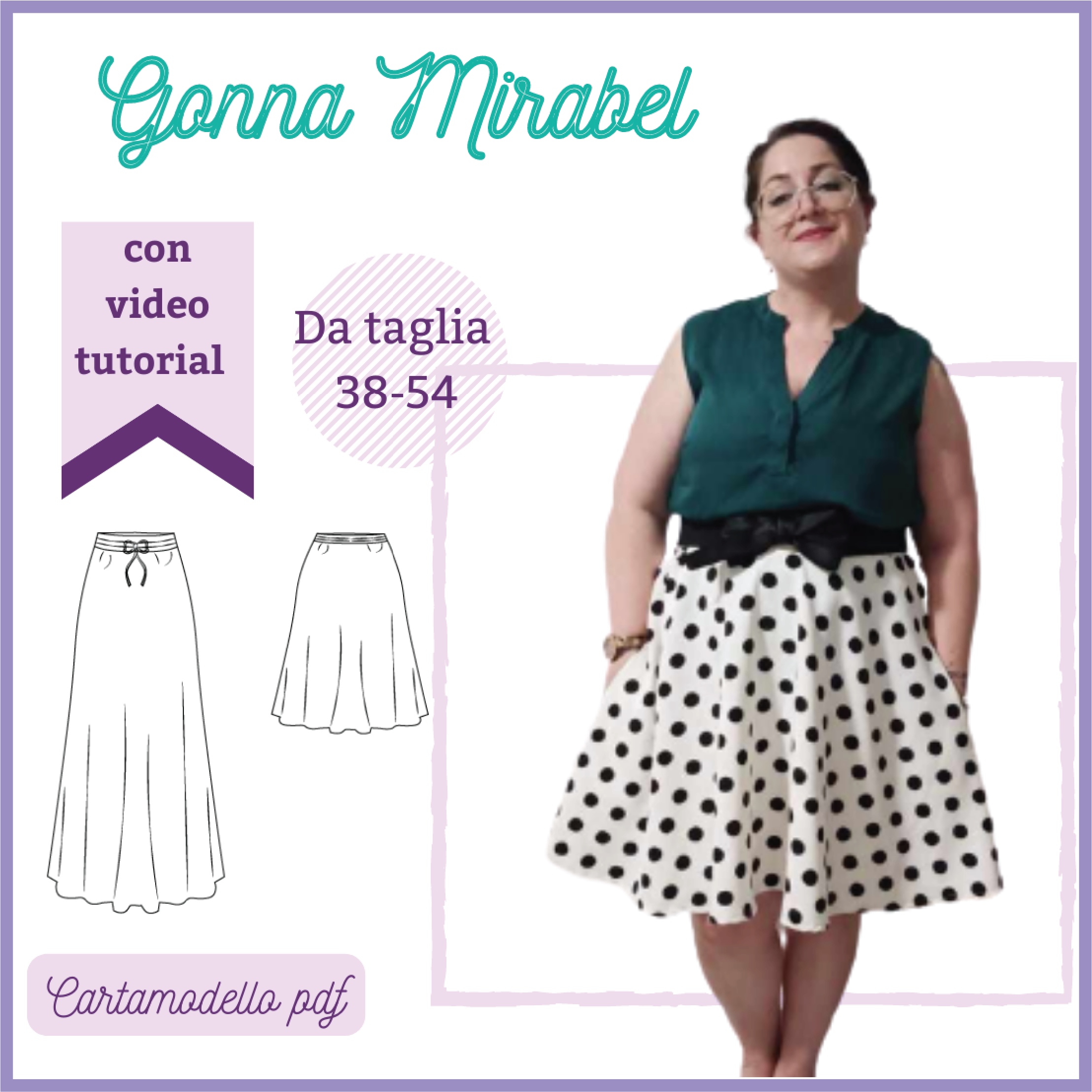 Gonna a mezza ruota CARTAMODELLO MIRABEL donna da taglia 38 a 54 con video tutorial