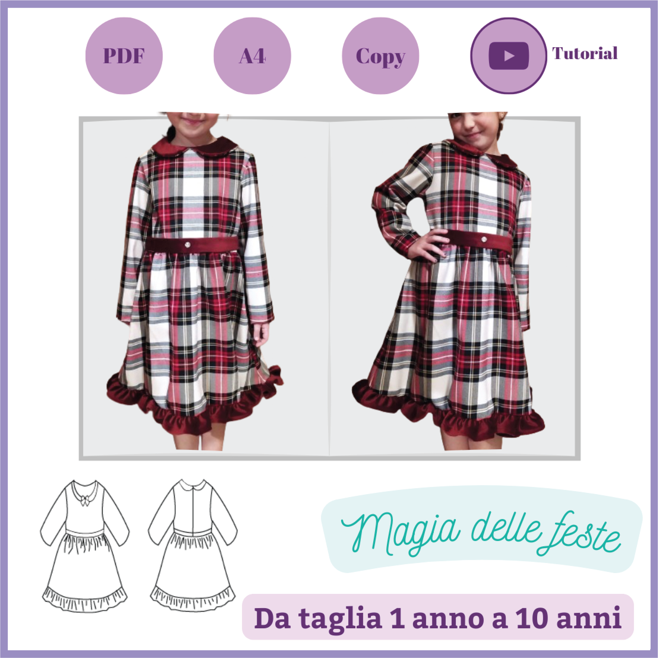 Vestito bambina CARTAMODELLO PDF magia delle feste da taglia 1 anno a 10 anni