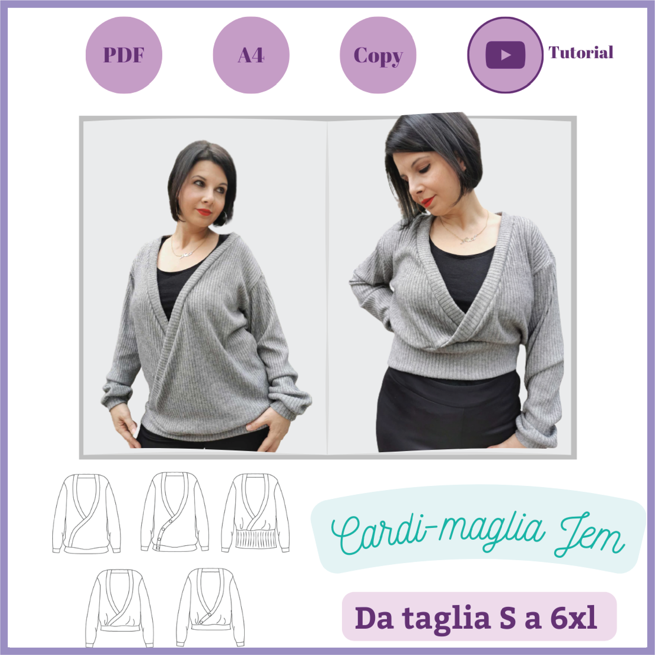 Maglia cardigan CARTAMODELLO JEM donna con video istruzioni da taglia S a 6Xl