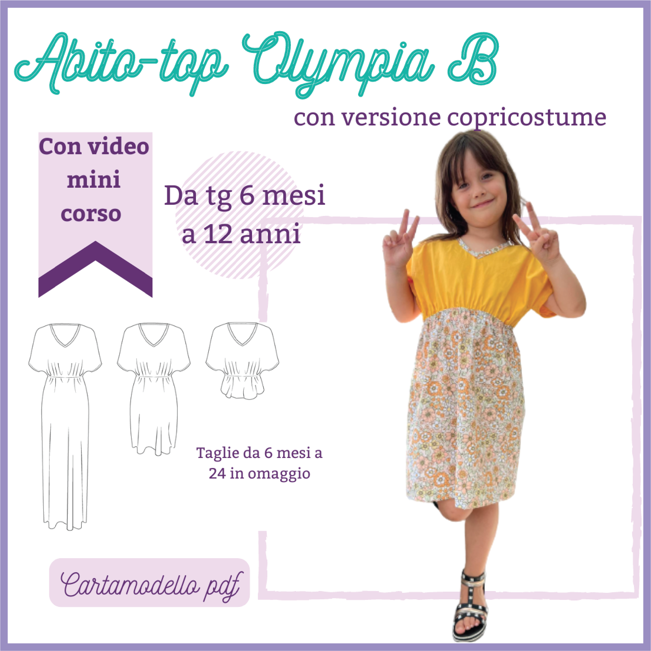 Cartamodello abito-copricostume-top bambina OLYMPIA da taglia 6 mesi a 12 anni