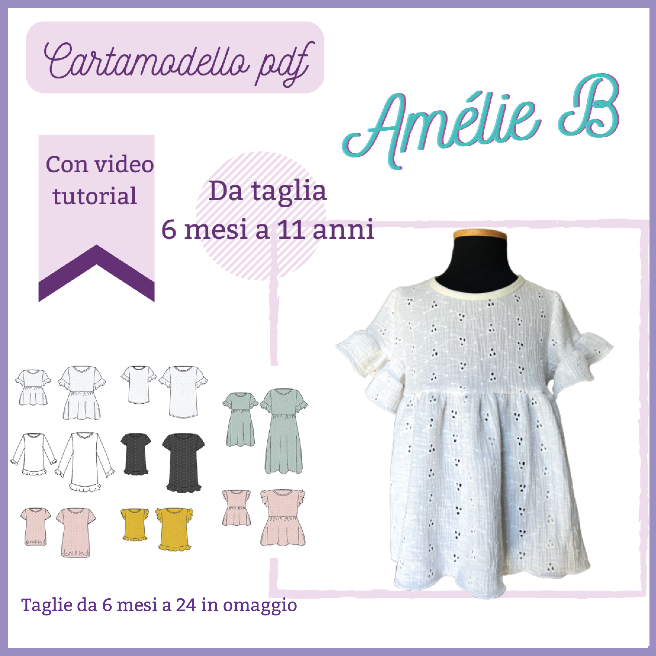 Blusa-vestito CARTAMODELLO bambina Amélie, da taglia 6 mesi a 11