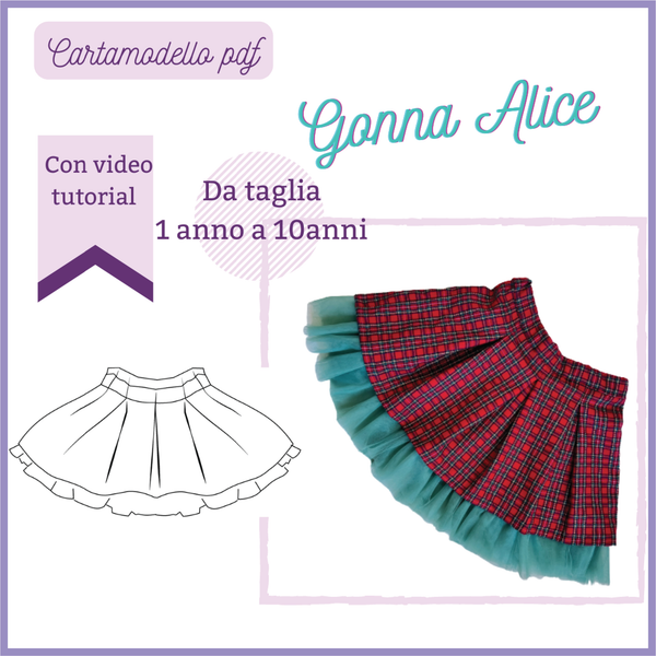 Gonnna a faldoni CARTAMODELLO bambina da 1 a 10 anni Alice mammaconstoffashop