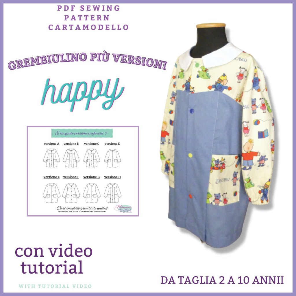 grembiule asilo scuola CARTAMODELLO PDF da taglia 2 anni a 10 con video tutorial